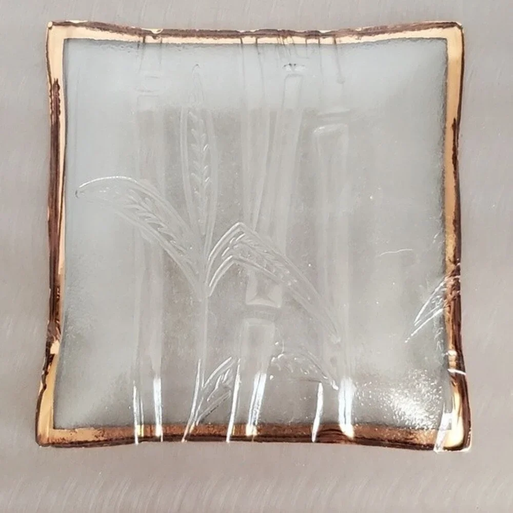 Vintage Mid Century Bamboo Gold Trimmed Art Glass Trinket Dish Plate - Signed